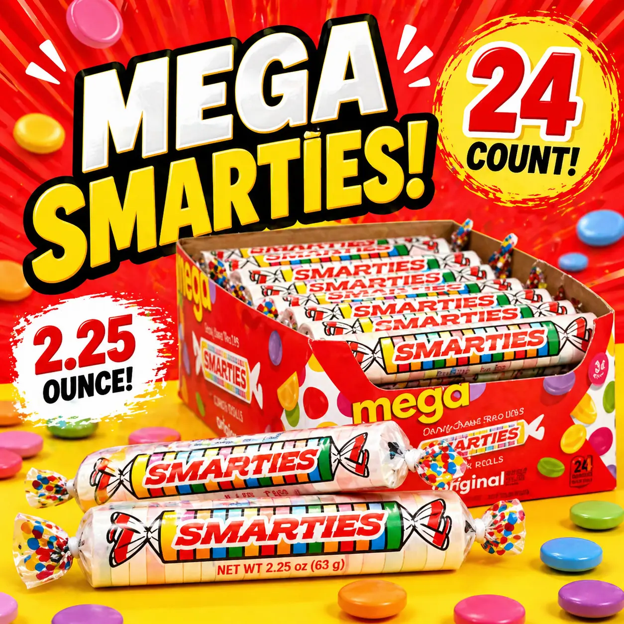 Smarties Mega Rolls Candy 24 Count  Gluten Free & Vegan Candy Rolls | Assorted Fruit Flavors, Individually Wrapped Bulk Treats