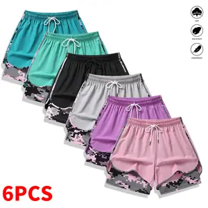 Pack of 6 women’s casual athletic shorts with built-in lining and a drawstring elastic waistband; suitable for outdoor sports, fitness, running, and everyday wear; women’s shorts, athletic shorts, womenswear