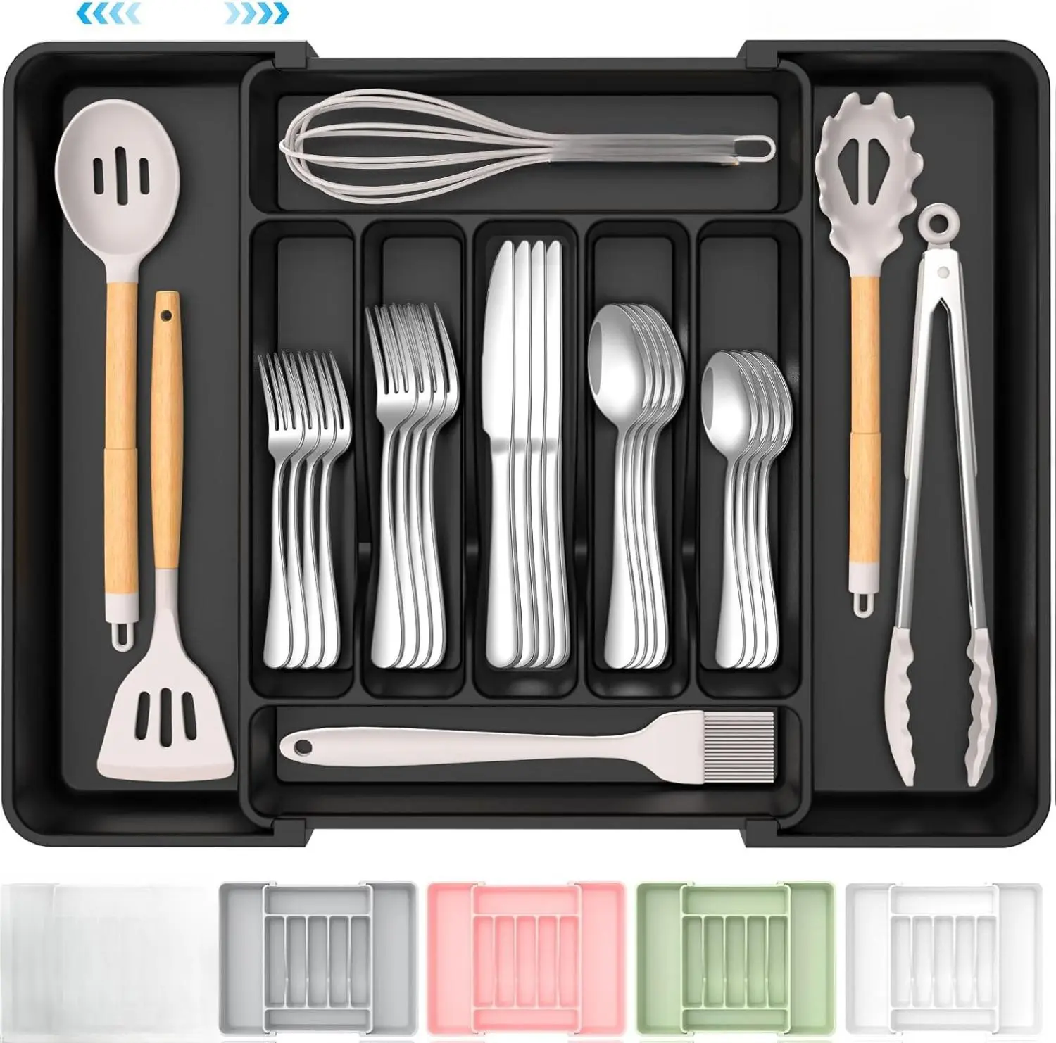 [New Deal] - Extra Large Expandable Silverware Organizer, BPA-Free Food-Safe Cutlery Flatware Organizer, Kitchen Utensil Drawer Organizer, Adjustable Silverware Holder for Spoons Forks Knives, Black