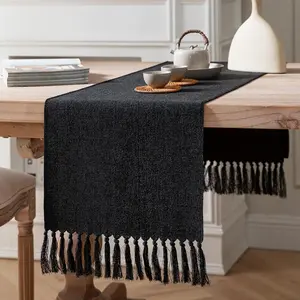 Black Table 72 Inches Long, Burlap Style Rustic Farmhouse Table Runner, Boho Woven Dining Table Runner, 13x72 Inches, Black