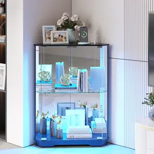 Dystler Corner Display Cabinet with Glass Doors, Small Display Case with 3-Color LED Lights and Charging Station, 2-Tier Curio Cabinet with Storage and Shelf, Black/White Modern Decor