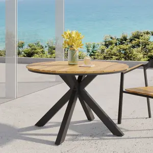 ARCH Outdoor Dining Table, Teak Acacia Wood Tabletop and Black Metal Leg