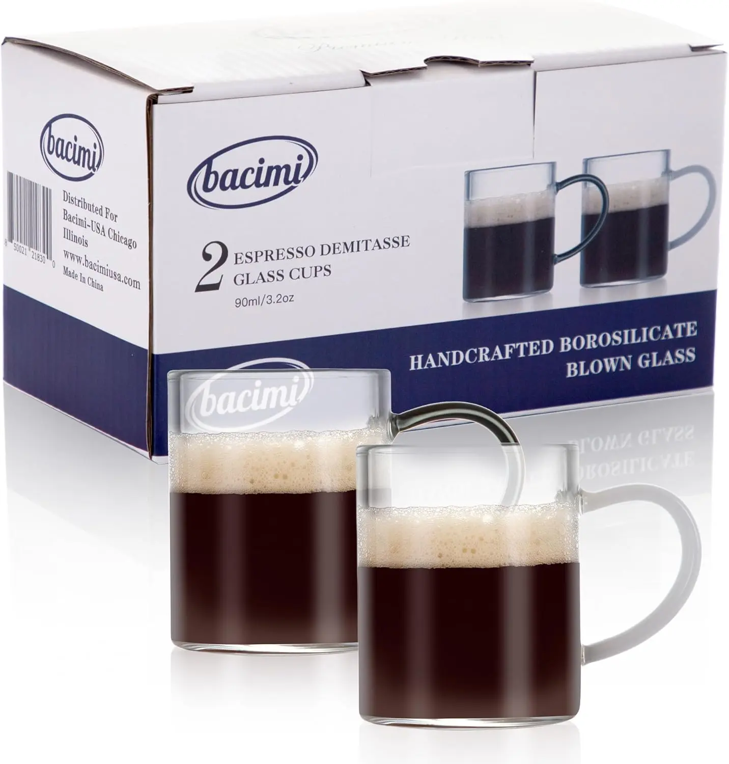Bacimi Clear Demitasse Mini Espresso Cups with White/Smoke Handles - Set of 2 / 3oz / 90 ML - Borosilicate Glass Cups for Espresso, Cappuccino, Latte & Hot Beverage -Dishwasher/Microwave Safe