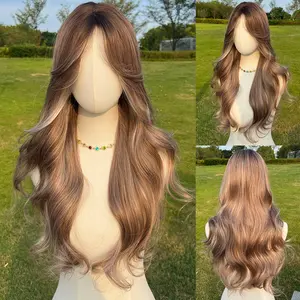 SMILCO/24Inch Highlight Brown Gray Synthetic Wig With Curtain Bangs/Long Bodywave  Hair/SM382