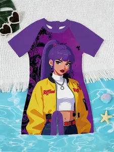 Girls' Cute Slim-Fitting Jumpsuit, All over Print Anime Characters, Quick-Dry Sunscreen Short Sleeve Swimwear, Beach Pool Surfing Wear