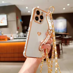Electroplated Solid Heart Phone Case with Crossbody Strap and Wristband, Fits iPhone 11 12 13 14 15 16 17 Pro Plus Pro Max, Portable for Daily Use and Travel, Phone Protective Cover