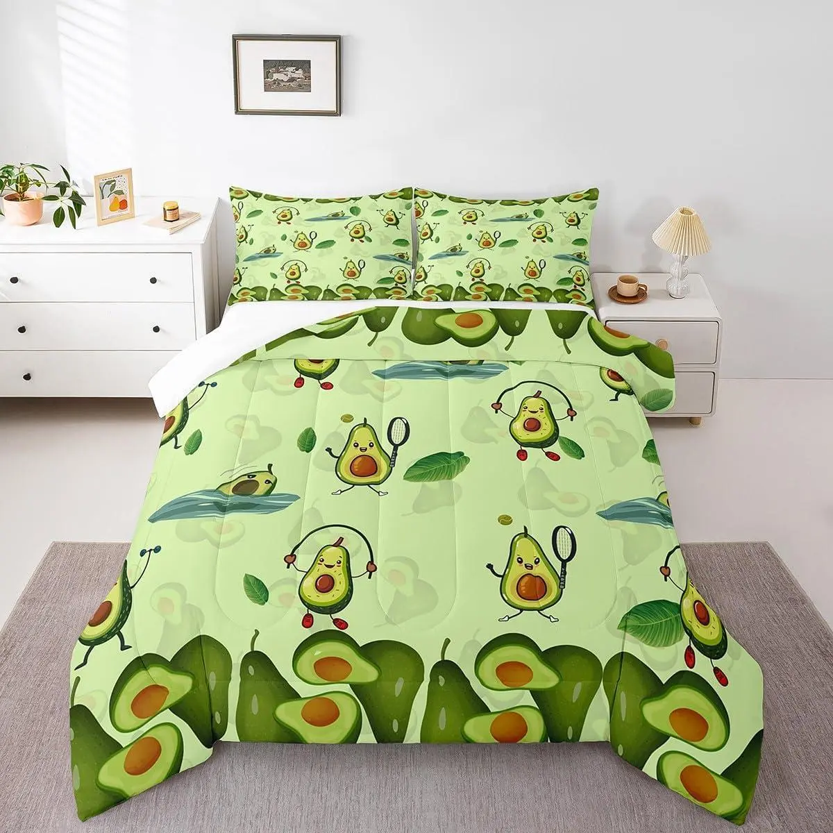 Feelyou Quilted Duvet Set - Cozy Aesthetic Soft Microfibre, Geometric Modern 3D Digital Printed Avocado Design, Multi-Size (Incl. Queen) Green Bedding Linens, RV Compatible for Women