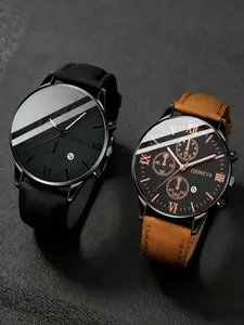 2-Piece Men's Leather Simple Quartz Watch Set, Leather Strap, Round Dial, Fashionable Casual Analog Watch Ideal for Valentine's and Father's Day Gifts