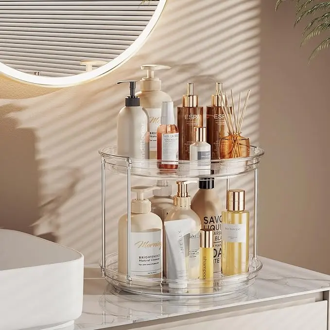 10.6in 2-Tier Rotating Lazy Susan Makeup Organizer, Stackable Spinning Cosmetic & Skincare Tray, Large-Capacity Clear Display for Vanity & Bathroom Countertop