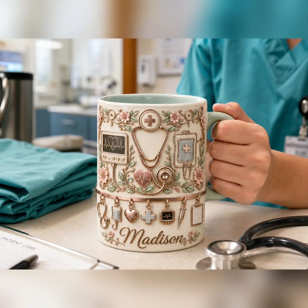 Personalized Nurse Mug, Custom Sage Handle Ceramic Cup, 2D Printed 3D Effect Floral Medical Tools Design, For Nurses Women Healthcare Workers, Nurse Appreciation Birthday Christmas Gift, Nursing Keepsake