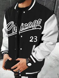 Men's Colorblock Letter Print Baseball Jacket, Loose Casual Long Sleeve Outerwear for Fall & Winter, Perfect Gift for Boyfriend, Menswear