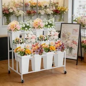 Garvee Versatile 3-Tier Flower Cart Display Stand with 12 Square Buckets & Wheels - Floral Rack for Garden, Wedding, Florist Shop, Café, Commercial Decor