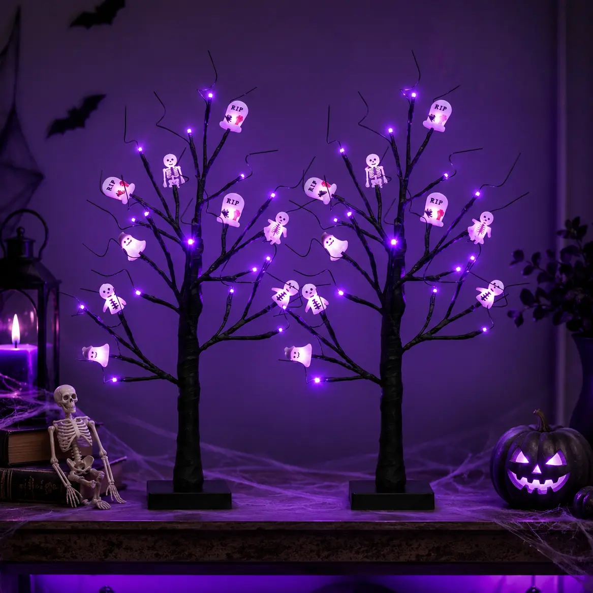2-piece set, Halloween black ghost tree, battery-powered, perfect for home decor, tabletop displays, mantel decorations, and Halloween party decorations; its spooky design elements create a eerie and terrifying atmosphere for Halloween-themed celebrations