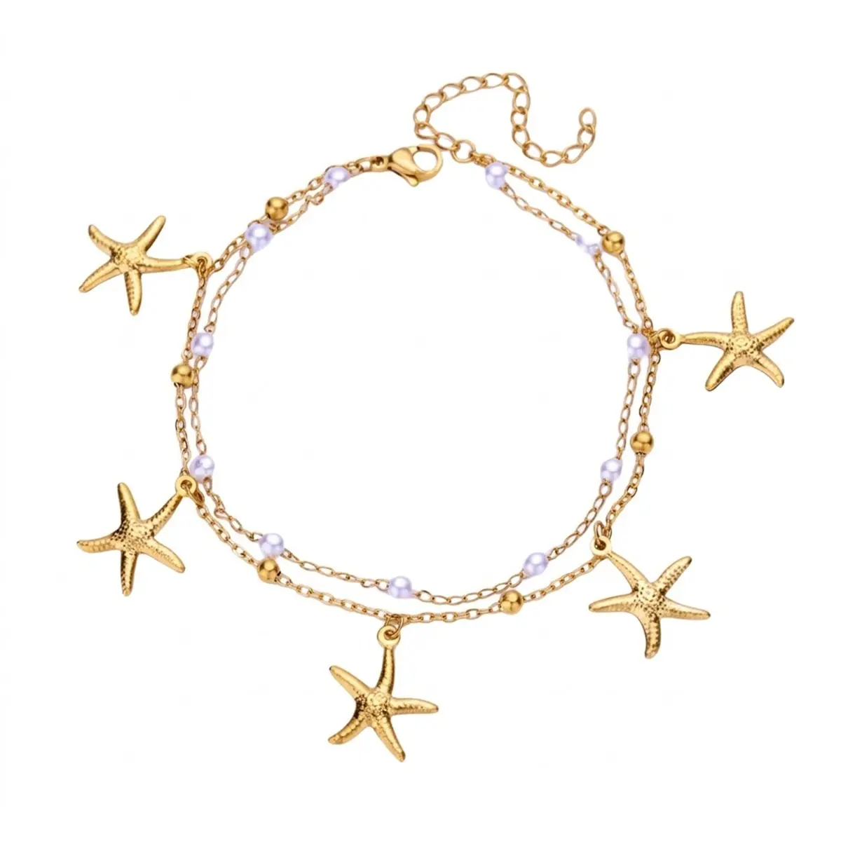Women's double-layer gold-plated beach bracelet and anklet, dolphin/starfish/seashell pendant anklet, summer vacation foot jewelry, beach vacation jewelry gift for mother.