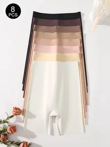 8Pcs Women's High-Waisted Butt-Lifting Plain Color Bottoms, Casual Home Wear Shorts, Comfortable Daily Use Underwear