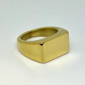 Stainless Steel Gold Tone Signet Ring – Polished Rectangle Statement Band