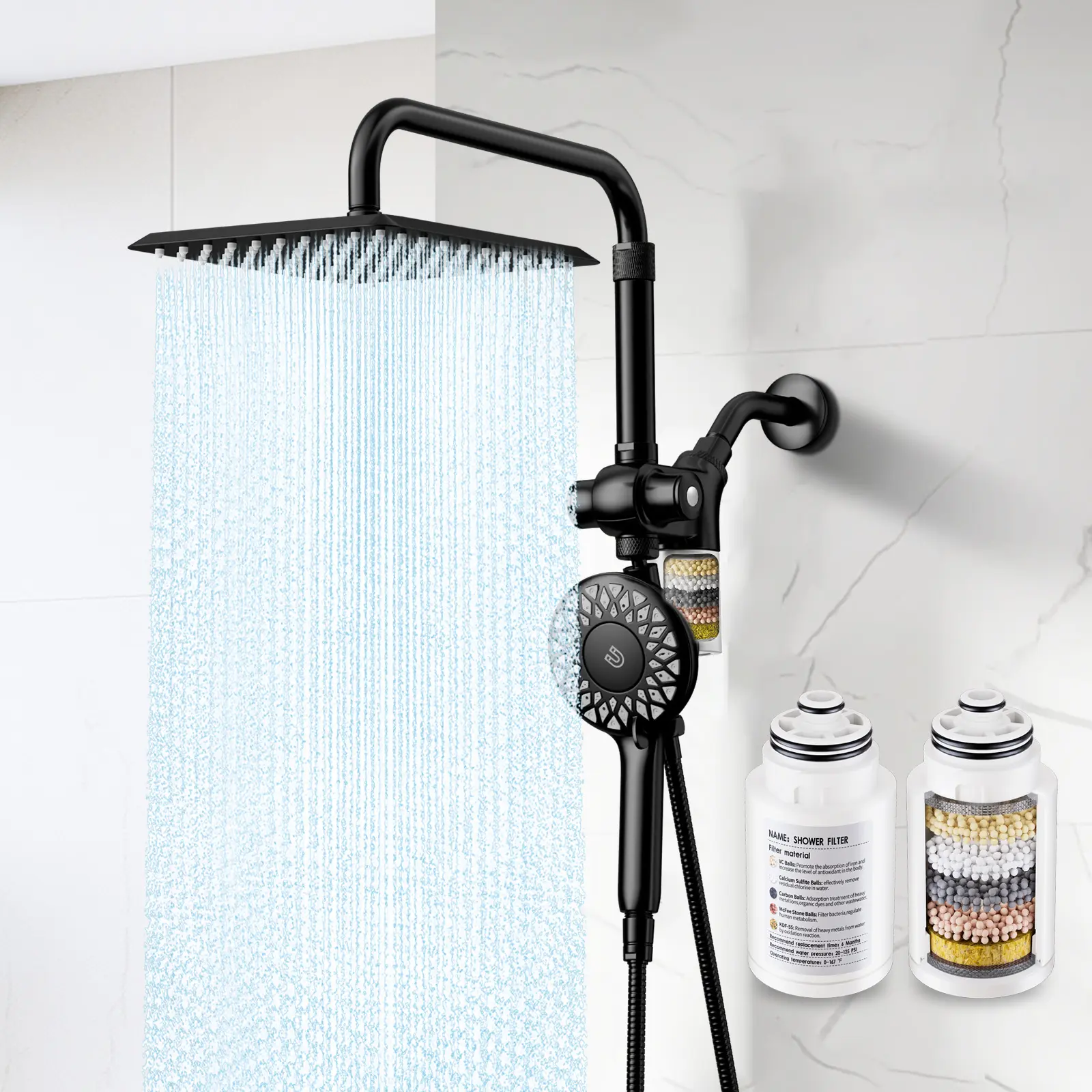 KAIYING High Pressure Dual Wall Mount Showerhead & Handheld Combo - 10'' Square Filtered Shower Head with Multi-stage Integrated Shower Head Filter, Magnetic 5-Spray Setting Handheld, Filtered Shower Heads