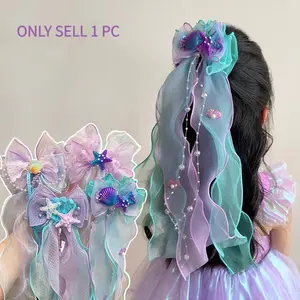New Arrival Fairy Tulle Bow Hair Clips with Starfish & Shell, Tassel Ribbon Hair Barrettes for Girls, Mermaid Princess Headwear with Veil, Kids Hair Accessories for Birthday, Performance & Party