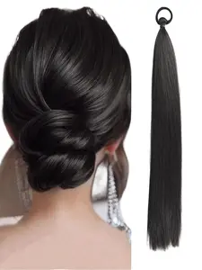 Braided Ponytail Synthetic Hair Bundle with Elastic Band Pony Hair Extensions Multifunctional Elastic Black Ponytail Heat Resistant Extensions for Women Long Straight DIY Wrap Ponytail Soft Natural Synthetic Ponytail
