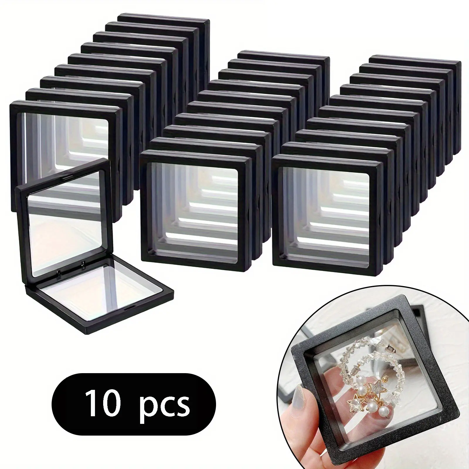 Black 3D Floating Display Box with Elastic Film - Dustproof Plastic Jewelry Storage Box Organiser, Accessories Box for Necklaces, Bracelets, Rings, Coins, Earrings, Pins - Jewelry Display Box Dustproof Plastic Organizer