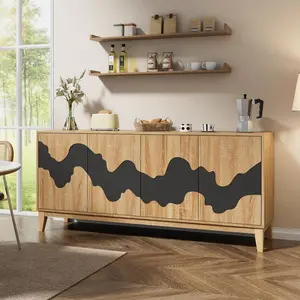 【Summervibes】UEV Modern Sideboard Buffet Cabinet 63" with Brown Water Stream Pattern, Large Capacity Storage for Kitchen, Dining Room, Living Room, Press-to-Open Design, Adjustable Shelves, Living Room Decor, Furniture Living Room