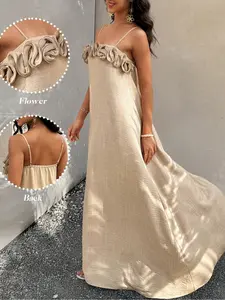 Summer Floral Embroidered Woven Cami Dress, Beautiful Ladies Sleeveless Loose Fit Maxi Dress for Casual Events, Perfect Summer Embroidery Aesthetic Dress for Women, Womenswear