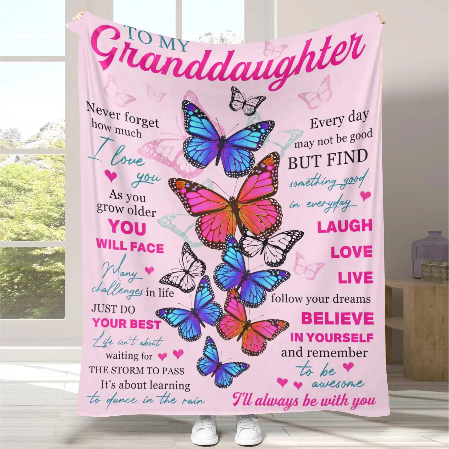 To My Granddaughter Letter & Butterfly Pattern Blanket, Soft Warming Bedding Blanket, Cool Bedroom Bedding Blankets, Gift for Granddaughter, Bedroom A