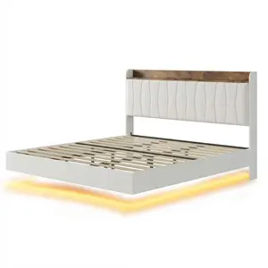 Garvee King Size Comfortable and Sturdy Floating Platform Bed Frame, Upholstered Beige Bed with LED Lights, Headboard, Charging Ports & Wood Slats, No Box Spring Needed, Easy Assembly, Comfortable And Sturdy Bed Frames