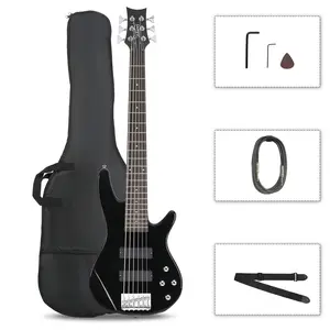 Full Size GIB 6-String Electric Bass Guitar Black H-H Humbucker Pickups Complete Kit with Bag Strap Pick & Wrench Tool Lightweight Portable