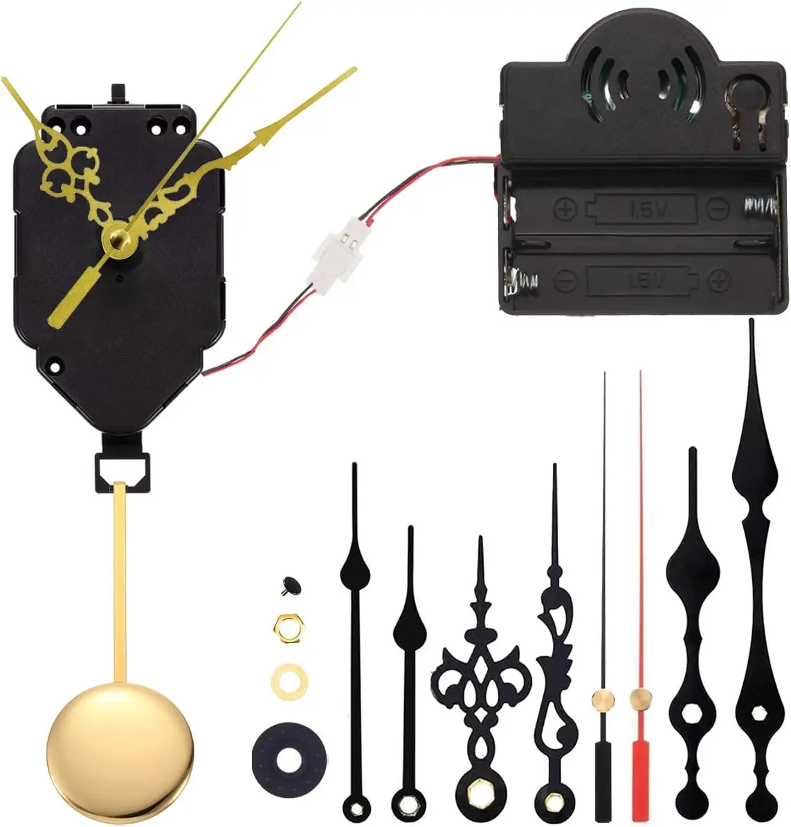 DIY Quartz Pendulum Trigger Analog Clock Movement Kit - Plastic&Alum. Clock Making Set with Jump Seconds, 1 Chime Music Box, 4 Spade Pairs, Fancy&Straight Hands (4 Minute Hands), 6/25in Max Dial Thickness, Wall Mechanism Repair Parts, 1 User Manual