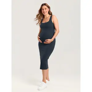 MOMANDA Fitted Maternity Midi Dress Casual Sleeveless Pregnancy Square Neck Bodycon Split for Baby Shower