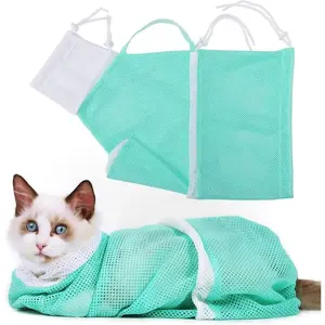 Cat Bathing Grooming Bag Multifunctional Adjustable Breathable Restraint Shower Bag with Anti Bite and Anti-Scratch Features in Green