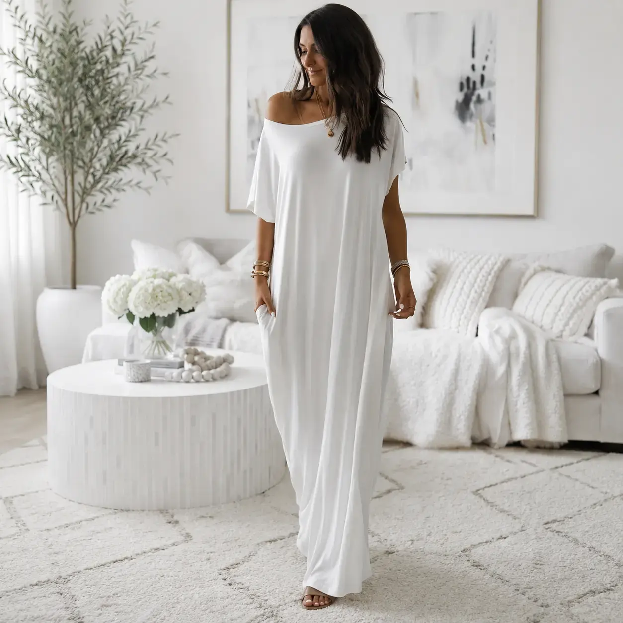 Women's Comfy Stretchy Knit Baggy Batwing-Sleeve Maxi Dress - Soft Fabric, Casual Plain Pocketed Loungewear for All Seasons, Nightwear
