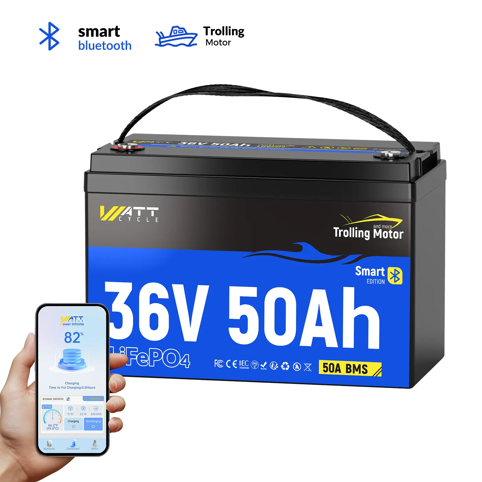 【New arrive】WattCycle 36V 50Ah LiFePO4 Trolling Motor Battery with Bluetooth Smart BMS, Deep Cycle Marine Battery for 100-120lb Trolling Motors, Fishing Boats & Kayaks