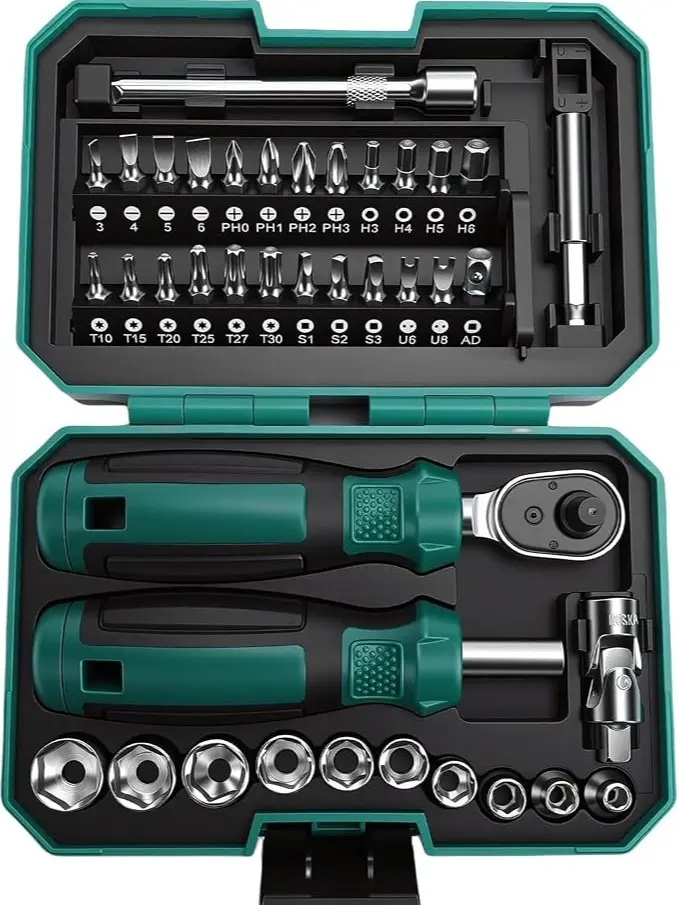 40-Piece   Ratchet Wrench and Set, 10 Sockets 24 Bits 2 Extension Bars Magnetic Handle Reversible Ratchet with Universal Joint for Home Repairs Furniture Assembly