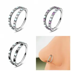 Oufer 20G 316L Stainless Steel Opal and CZ Hinged Double Nose Hoop Ring