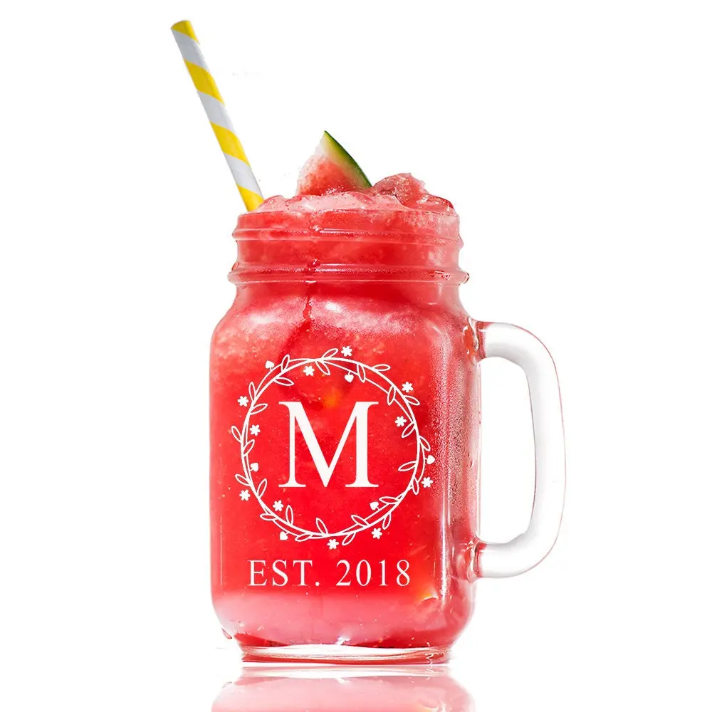 Wreath Monogram Personalized Mason Jar Glass, Custom Monogram Mason glass, Personalized Mason Jar Gift, Custom Engraved Mason Jar Glass