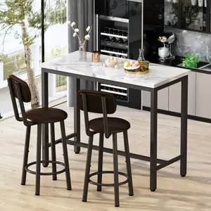 AWQM Faux Marble Pub Table Set with 2 PU Stools, Space-Saving Dining Set for 2, Ideal for Kitchen, Dining Room & Breakfast Nook, White & Brown, 39.3" Waterproof Wine