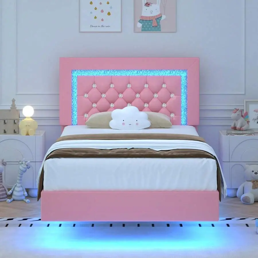 LED Upholstered Diamond Tufted Floating Headboard with Lights for Modern Bedroom, PU Leather Diamond Frame, Strong Wood Slats Support, No Box Spring Needed, Easy Assembly, Multi-Size (Twin/Full/Queen) Gingham Daybed Trundle
