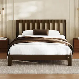[SummerWins]Queen Size Bed Frame, Mid-Century Modern Wood Platform Bed Frame with Fluted Headboard & Curved Wings, Noise-Free, No Box Spring Needed, Wood Slat Support, Easy Assembly, Walnut Brown