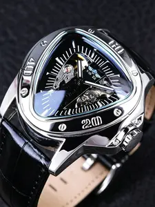 Men's Automatic Mechanical Watch, Hollow Triangular Shield Dial, Luminous Hands, Waterproof, Leather Strap, Business Casual, Valentine's Gift