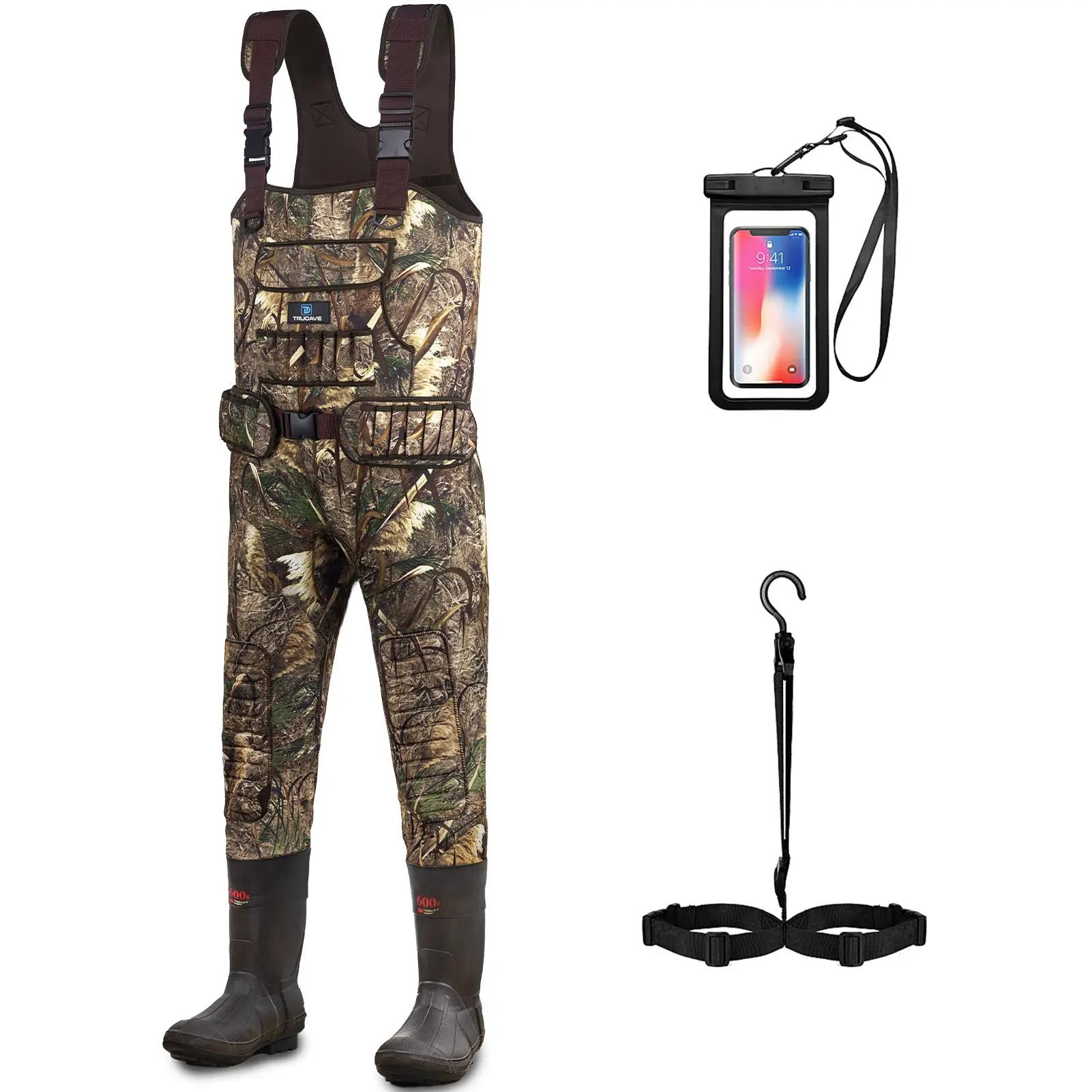 TruDave Chest Waders for Men, Neoprene Fishing Waders with Boots Hanger & 600G Insulated, Waterproof Camo Duck Hunting Waders Camouflage Outdoorfun