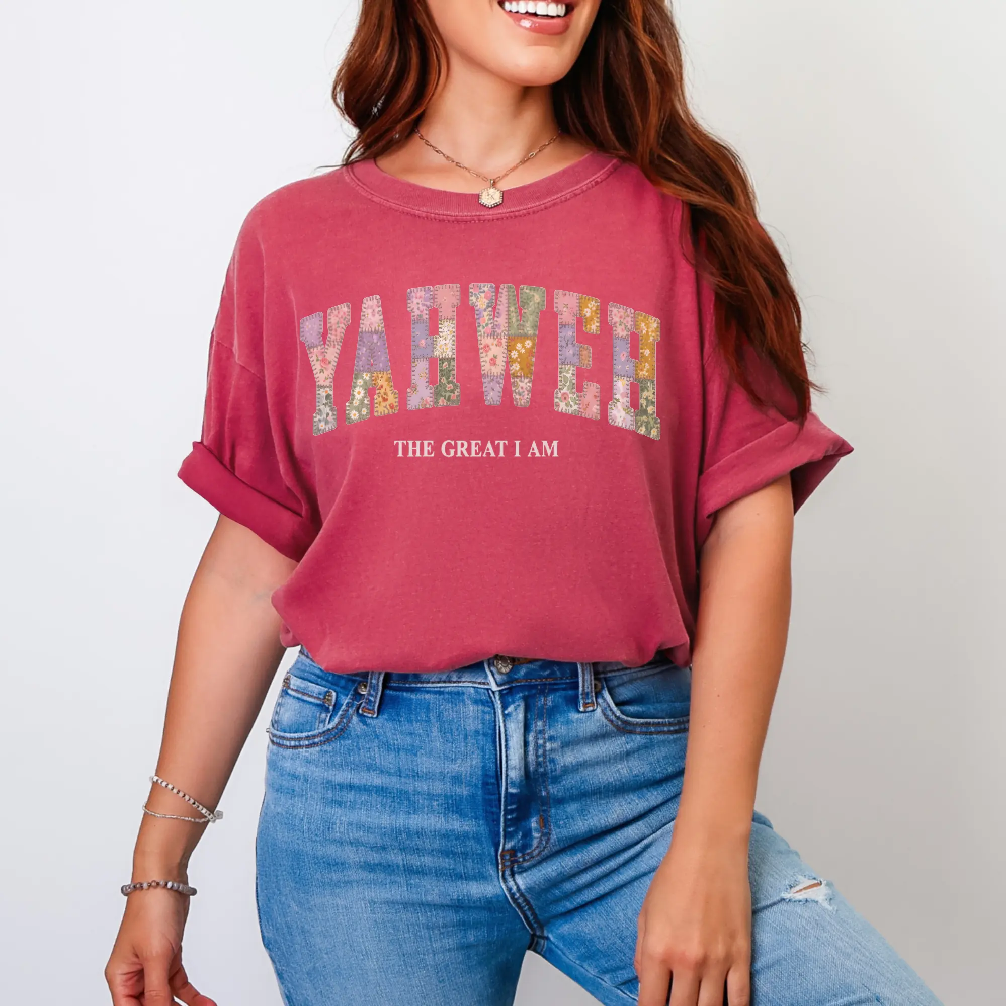 Yahweh Floral Faux Patchwork T-shirt | The Great I Am scripture tee | Comfort Colors Christian t-shirt for women | Comfy cotton graphic shirt