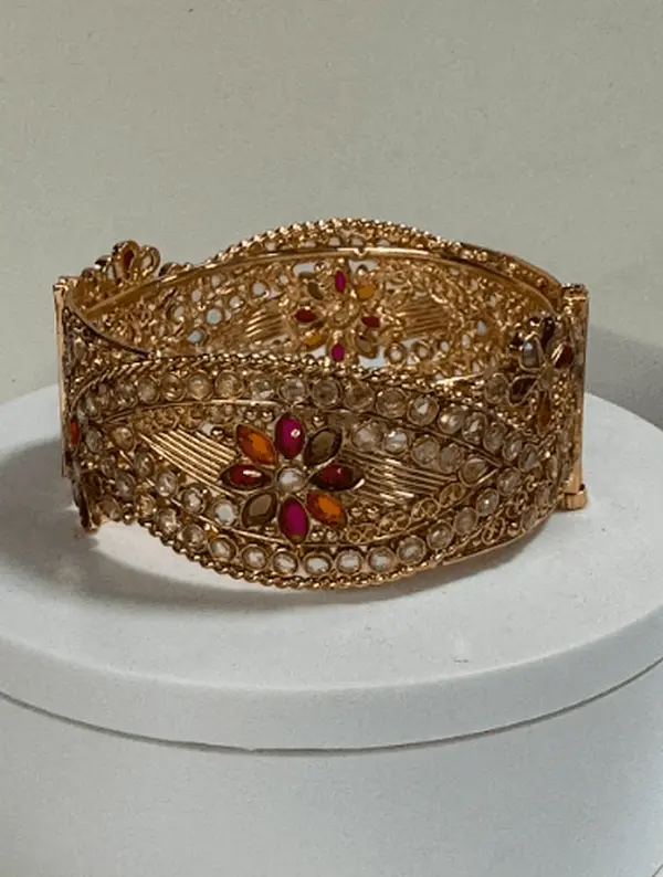 Exquisite Gold-Plated Stone-Studded Kada Bangle | Traditional Indian Ethnic Cuff Jewelry with Multicolor Gem Accents