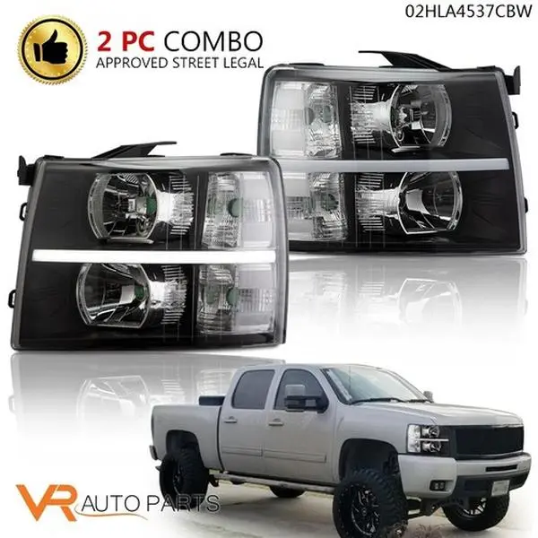 LED Strip Headlight Kit with Clear Corner, Black Housing, Bolt-On Install, Running Light Strip, Fit For 2007-14 Chevy Silverado Led Truck Pickup Led Lightbar