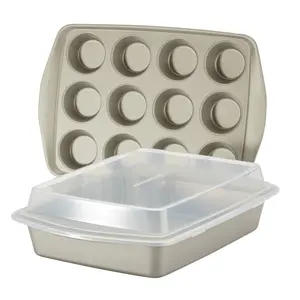 Nonstick Steel 3-Piece Bakeware Set - Covered Cake Pan with Lid, Oven-Safe Muffin Pan