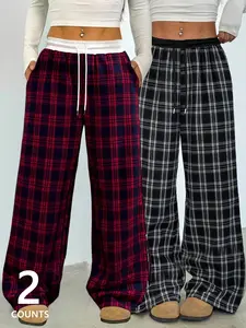 Women's Plaid Sweatpants Set, Casual Loose Fit, Fitted, Fashionable Chic Streetwear, Youthful Campus Style, Drawstring Natural Waist, All Seasons, Womenswear, 2 Pieces