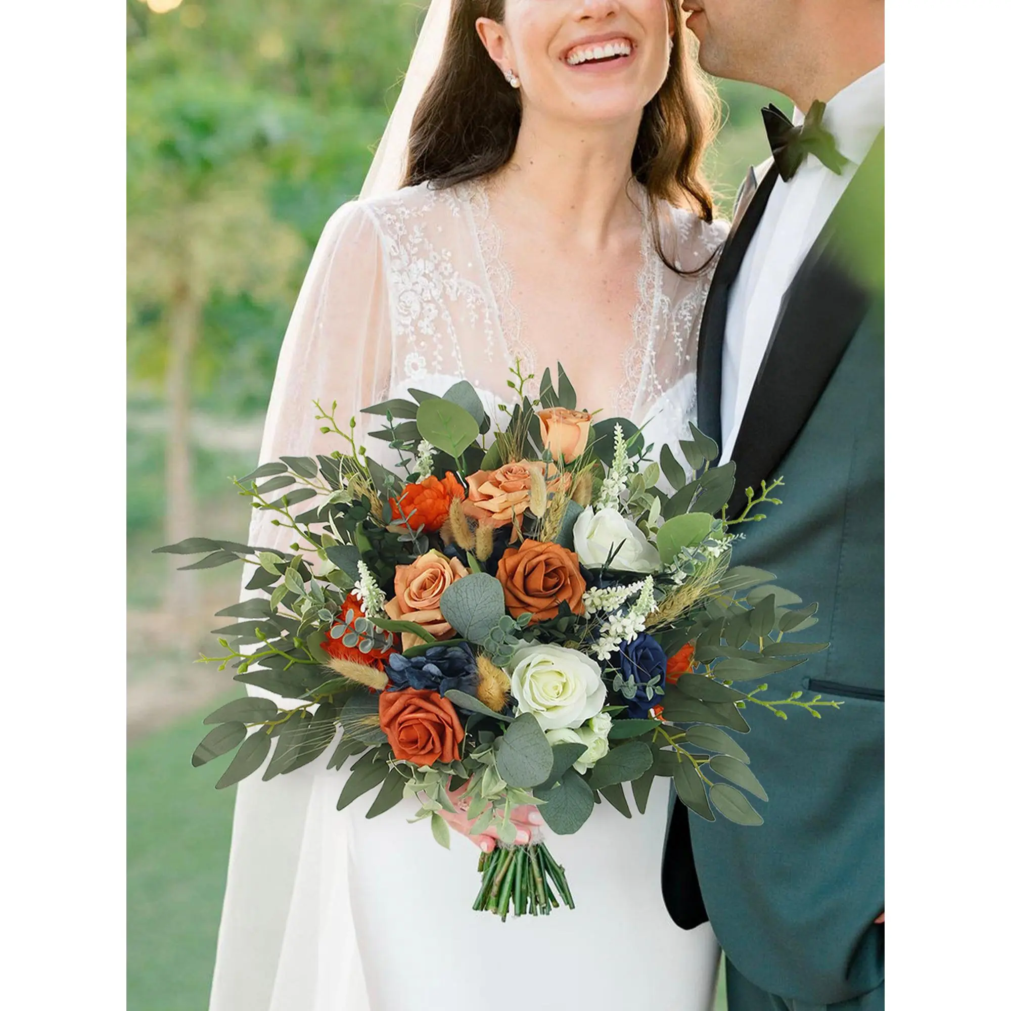 Rinlong 16x14 in Decorative Silk Floral Bridal Bouquet - 16 inch h Multicoloured Navy Blue & Burnt Orange Foam Flowers, Long-Lasting Rustic Vintage Boho Wedding Decor Supplies