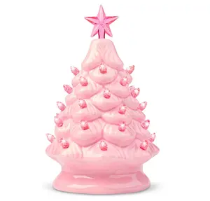 7" Pink Ceramic Christmas Tree, Prelit Tabletop Christmas Tree with Extra Clear Top Star & Bulbs for Best Desk Decoration, Pink Tree