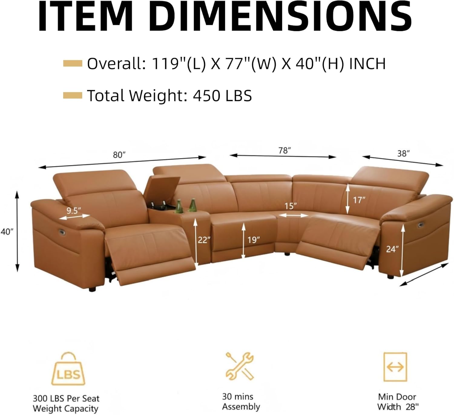  Power Recliner Sectional Couch, Breathing Leather Living Room Furniture Set, Reclining Corner Sectional Sofa with Storage Console/Cup Holders for Home/Office